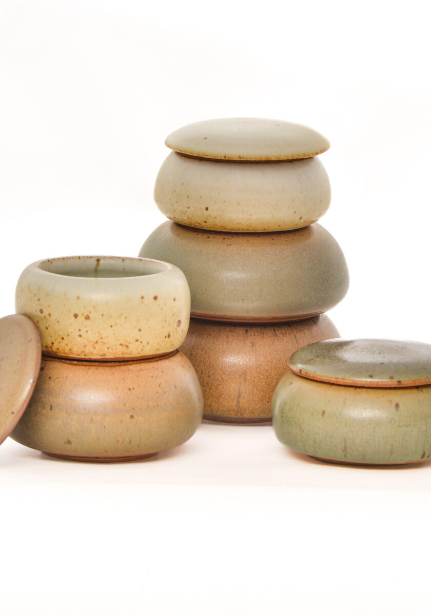 Christine Savage-Mindel 2026, North Carolina stoneware clay, artist-formulated glaze; wheel-thrown, fired to Cone 10 in reduction atmosphere Set 1: 2” x 3 3/8" Set 2: 3 9/16” x 3 3/8" Set 3: 3 13/16” x 5 1/8"