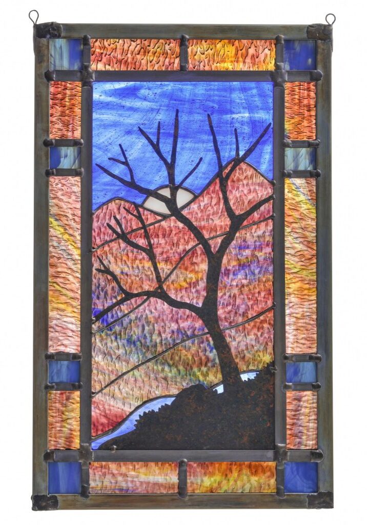 large mountain scene stained glass, mountain home decor, handmade stained glass, colorful window art