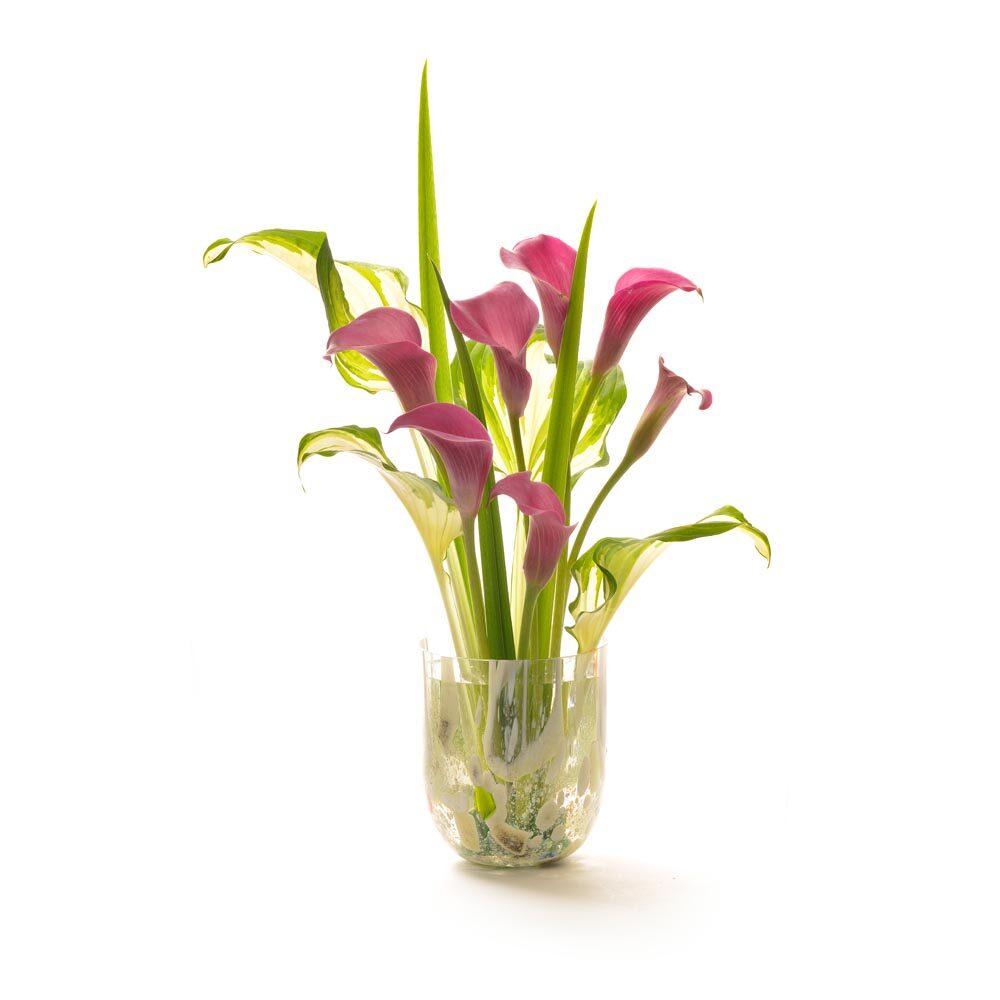 short colorful glass handmade vase with flowers